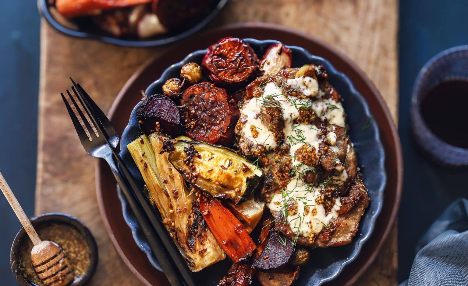 Honey And Mustard Pork Neck Steaks With Root Vegetables • Sa Pork